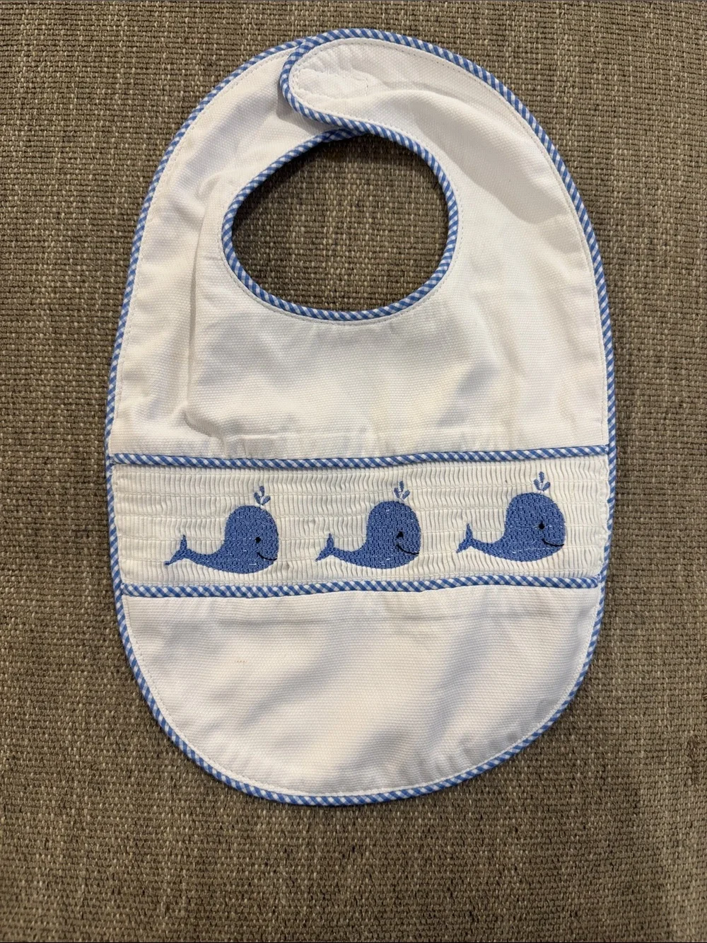 White Bib with Blue Whale Trim - Baby Feeding Bib